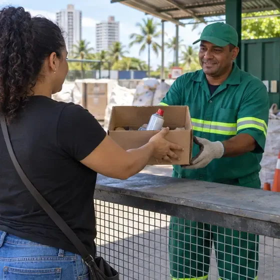 Moradora entregando uma caixa com uma lata de spray a um trabalhador em um ponto de recebimento