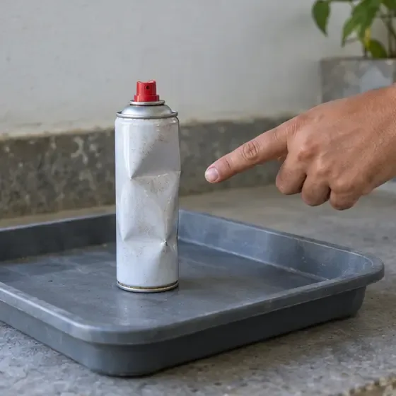 Lata de spray amassada isolada em uma bandeja enquanto uma pessoa aponta para o dano sem tocá-la