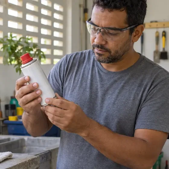 Pessoa usando óculos de proteção e examinando uma lata de spray intacta em uma área ventilada
