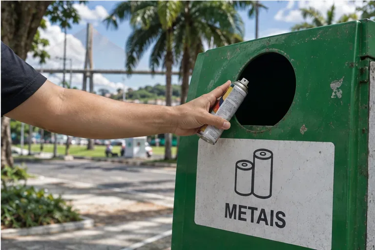 Mão levando uma lata de spray até um coletor verde identificado para metais