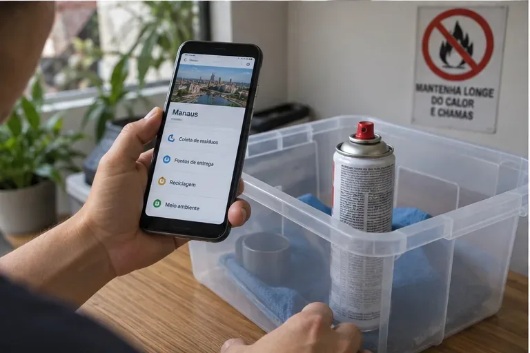 Pessoa consultando informações de coleta em um celular enquanto mantém uma lata de spray guardada em recipiente estável