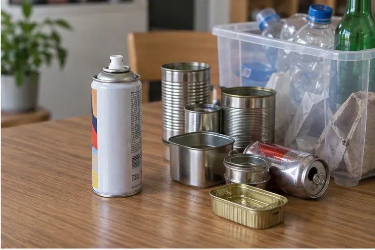 Lata de spray separada ao lado de outras embalagens metálicas e materiais recicláveis