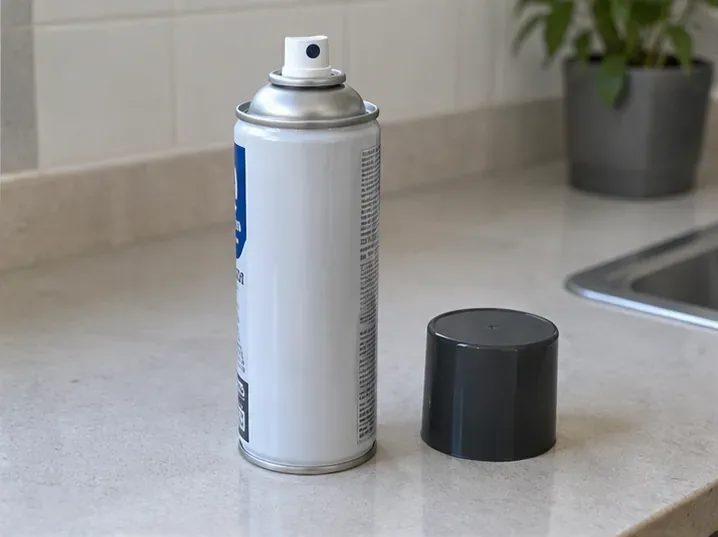 Lata de spray vazia em pé sobre uma bancada com a tampa plástica removível colocada ao lado