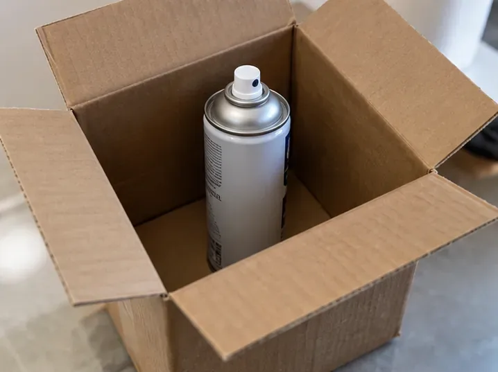 Lata de aerossol mantida em pé dentro de uma caixa de papelão para evitar que role durante o transporte