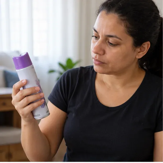 Pessoa examinando uma lata de aerossol intacta antes de decidir como descartá-la