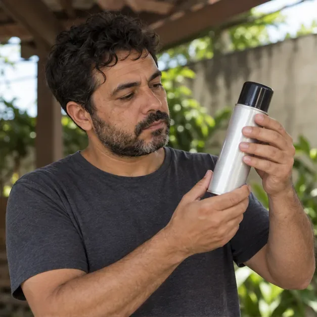 Pessoa examina uma lata de aerossol intacta em local aberto e sombreado.