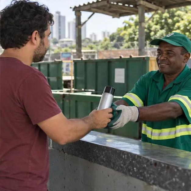 Morador entrega uma lata de spray intacta a um funcionário em um ponto de recebimento municipal.