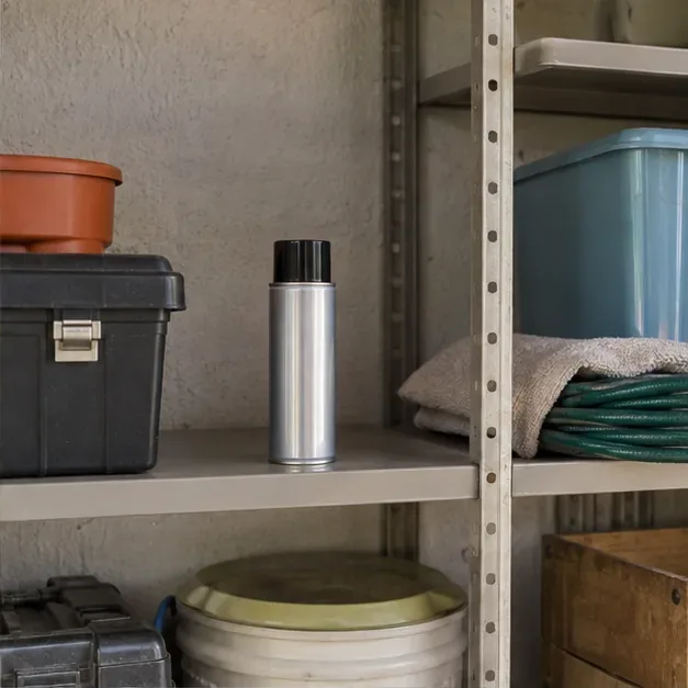 Lata de spray intacta guardada em pé em uma prateleira ventilada, longe de uma janela ensolarada.