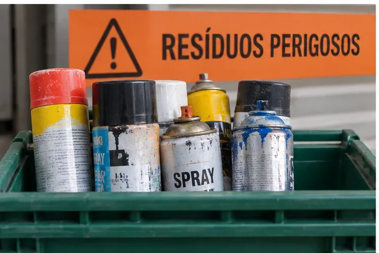 Diversas latas de spray reunidas em uma caixa próxima a uma placa de resíduos perigosos
