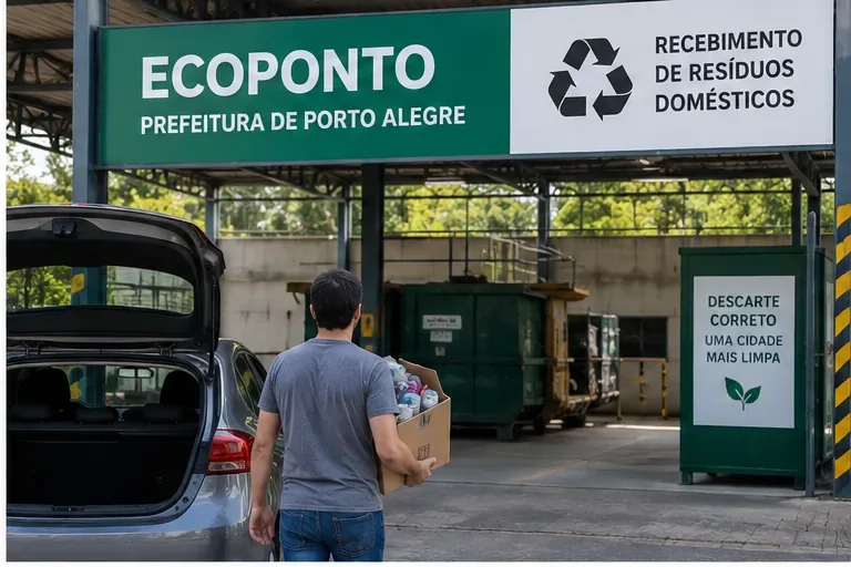 Pessoa chegando a um ecoponto municipal com uma caixa de materiais para descarte