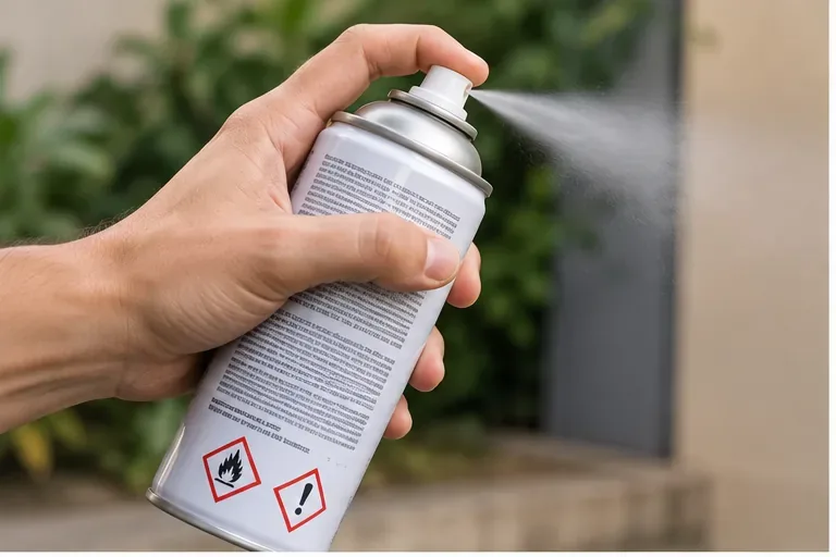 Mão segurando uma lata de aerossol em uso, com símbolos de inflamável e atenção visíveis no rótulo