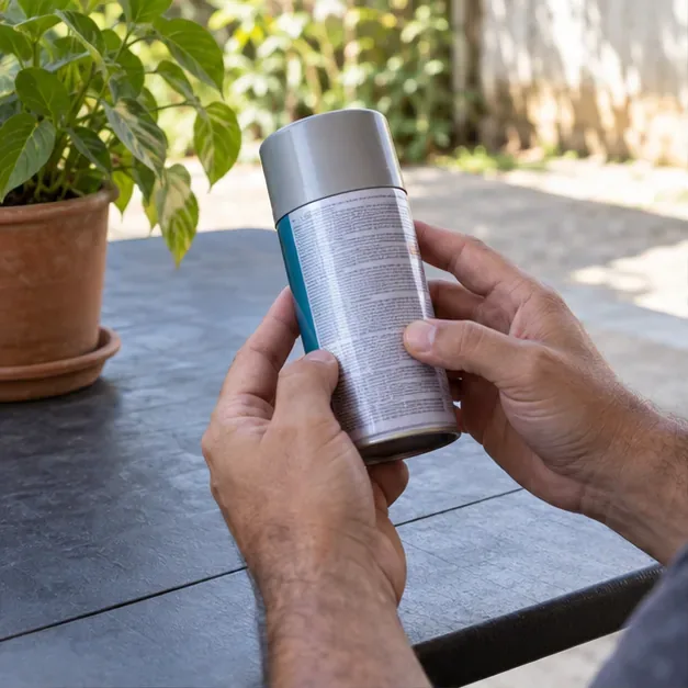 Uma pessoa segura uma lata de aerossol metálica e lê o rótulo do produto.