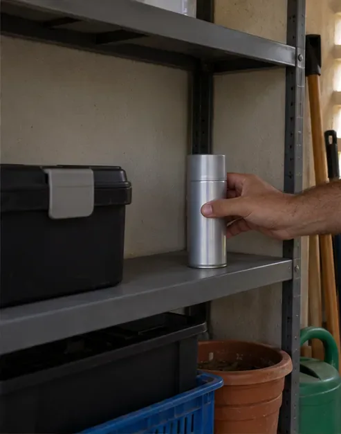 Uma lata de aerossol está em pé em uma prateleira ventilada, longe de fontes de calor.