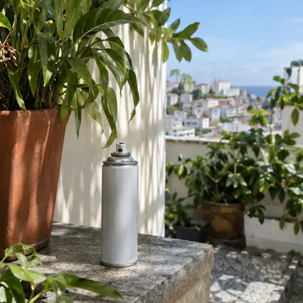 Lata de spray em pé, em área externa sombreada e ventilada, longe de fontes de calor