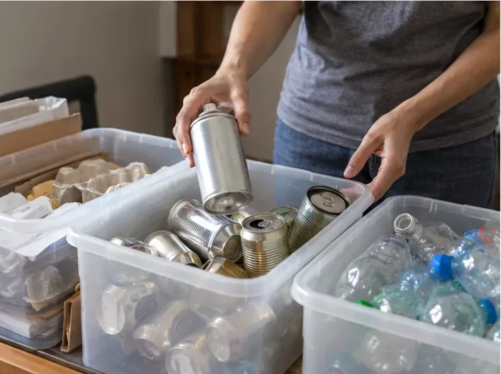 Pessoa separando uma lata metálica junto a outros recicláveis somente depois de confirmar a destinação correta