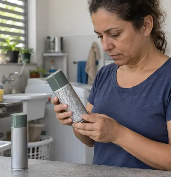 Pessoa lendo o rótulo de uma lata de spray enquanto outra lata tampada permanece separada sobre a bancada