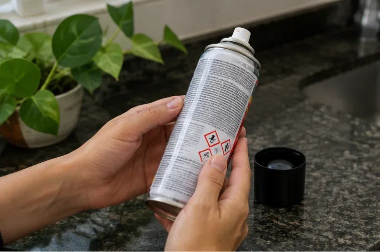 Pessoa lendo o rótulo e os pictogramas de segurança de uma lata metálica de spray antes do descarte