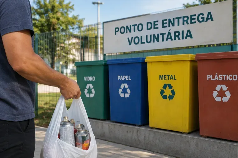 Pessoa chegando a um ponto de entrega voluntária com recipientes metálicos separados para reciclagem