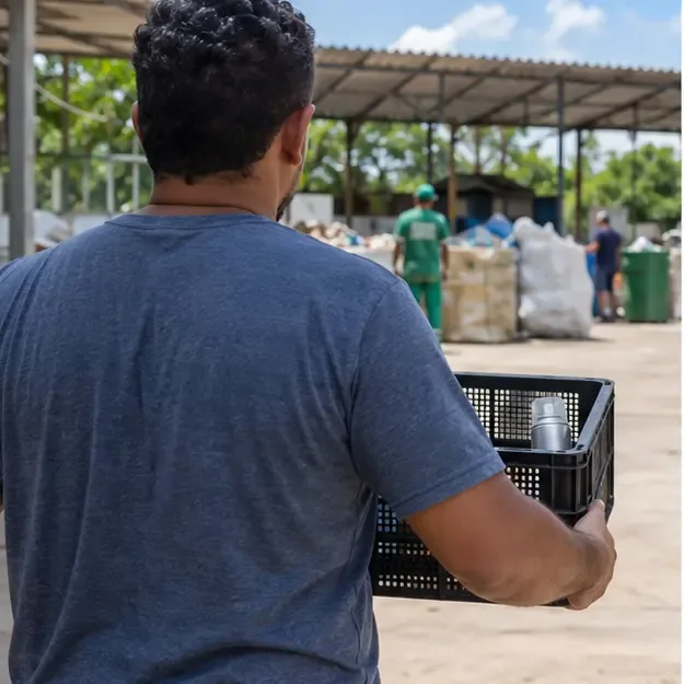 Pessoa transporta uma lata de spray na vertical dentro de um engradado rígido em direção a um ponto municipal de entrega.