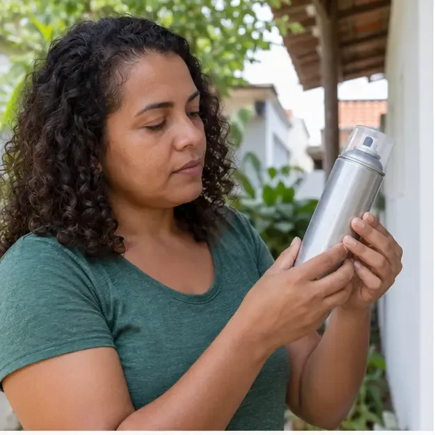 Pessoa verifica uma lata de spray metálica e intacta em uma área externa sombreada, sem pressionar a válvula.