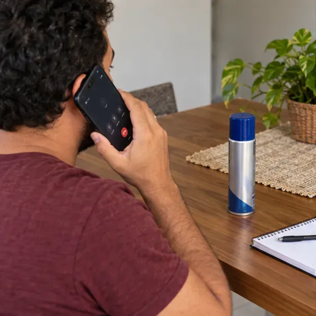 Morador telefona para pedir orientação sobre o descarte de uma lata de spray mantida intacta sobre a mesa