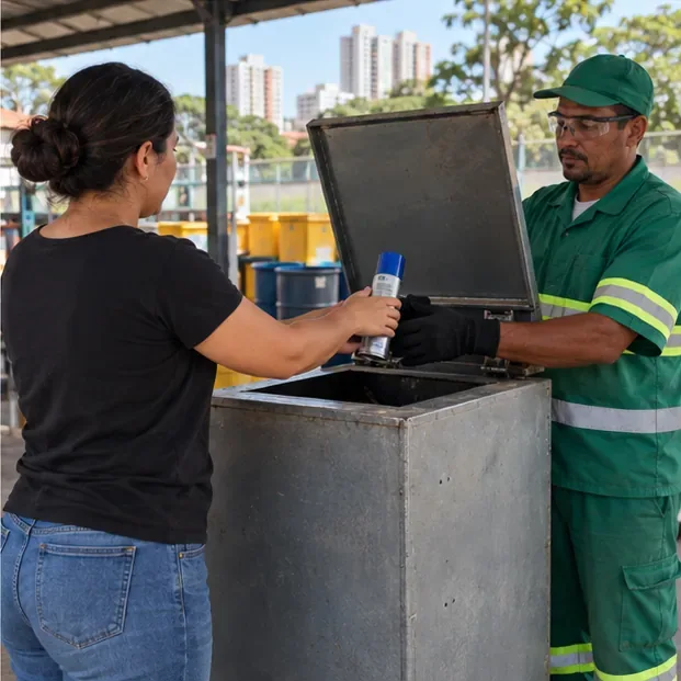 Moradora entrega uma lata de aerossol intacta a um atendente em ponto de recebimento especializado