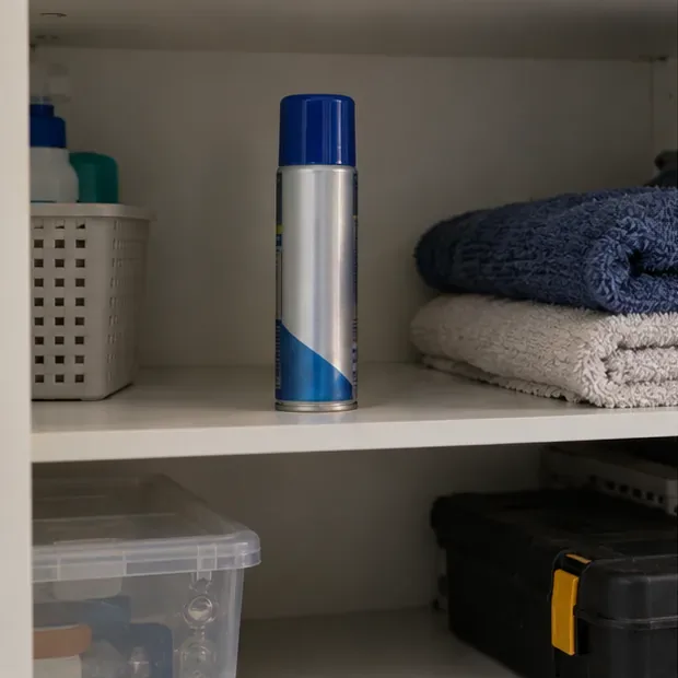 Lata de aerossol intacta, guardada em pé em uma prateleira sombreada, longe de fontes de calor