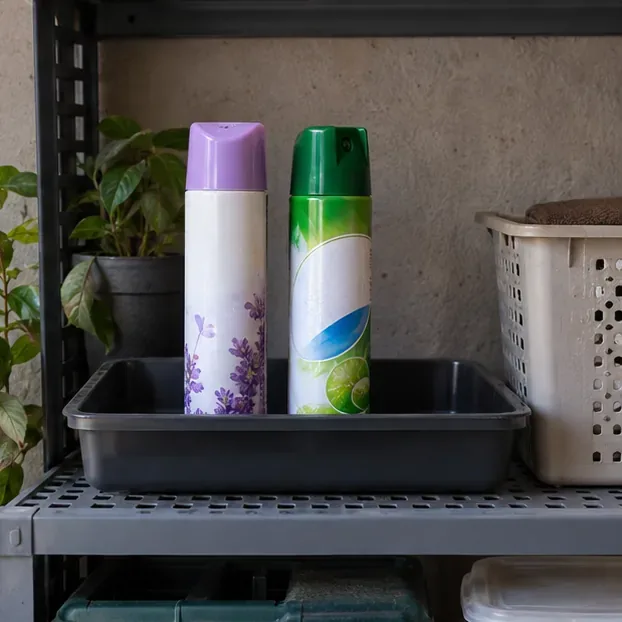 Duas latas de aerossol intactas e em pé estão dentro de uma bandeja em uma prateleira protegida do sol.