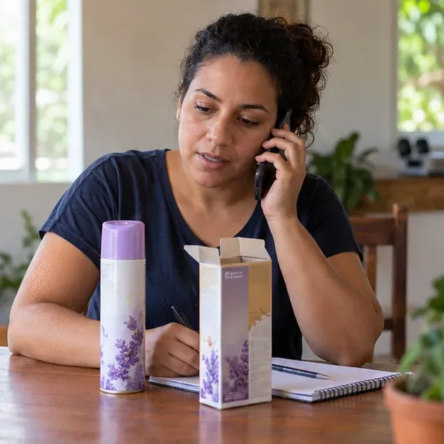 Moradora telefona e anota informações em um caderno, com uma lata de spray e a embalagem do produto sobre a mesa.