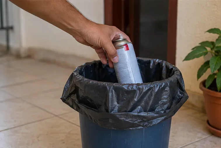 Mão aproximando uma lata de spray de uma lixeira comum, mostrando uma situação que deve ser evitada