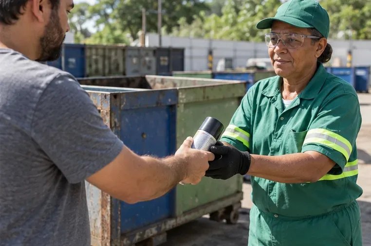 Trabalhadora recebe uma lata de aerossol em área controlada de entrega de materiais.
