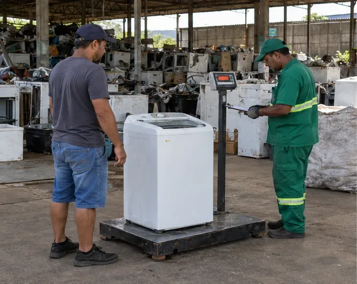 Morador entrega uma máquina de lavar a um trabalhador em uma área de recebimento e pesagem de recicláveis
