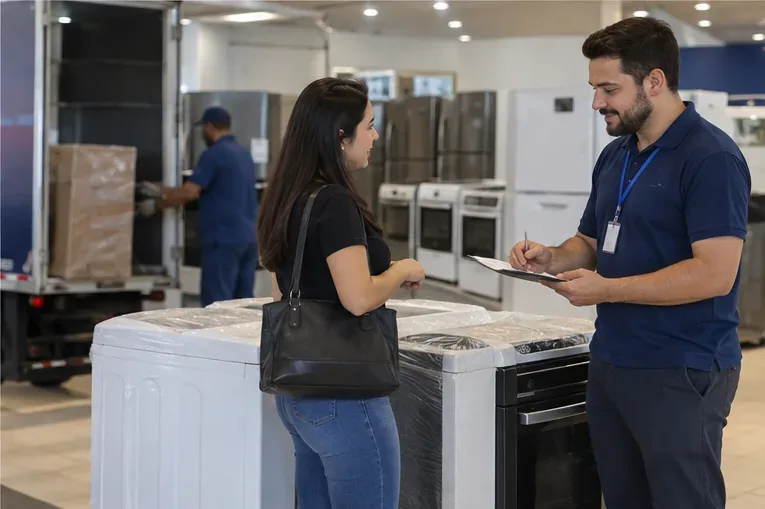 Consumidora conversando com atendente de loja de eletrodomésticos durante entrega ou retirada de aparelho.