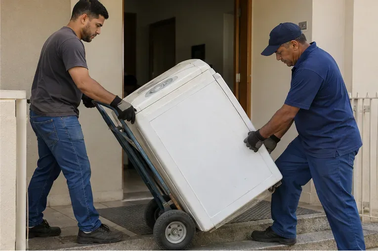 Dois trabalhadores usando carrinho para transportar uma máquina de lavar com segurança.