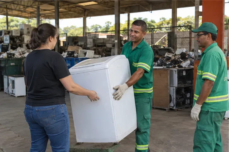 Pessoa entregando uma máquina de lavar a trabalhadores em um centro de recebimento e reciclagem de eletrodomésticos.