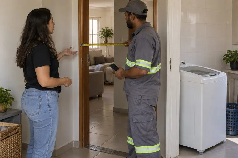 Uma moradora conversa com um trabalhador enquanto ele mede a largura de uma porta ao lado de uma lavadora