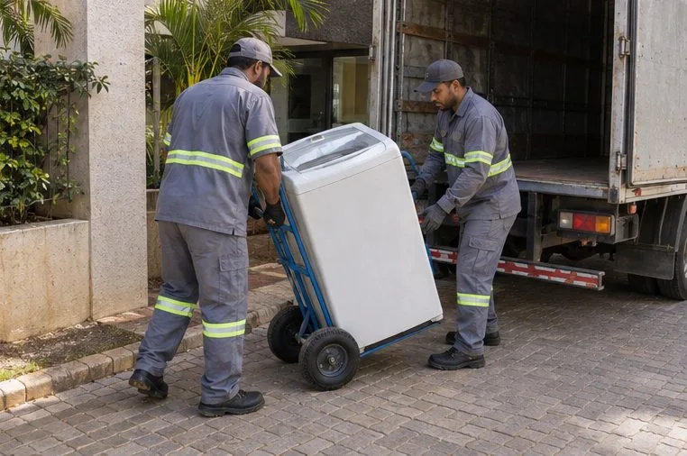 Dois trabalhadores usam um carrinho de transporte para levar uma lavadora até um caminhão de coleta