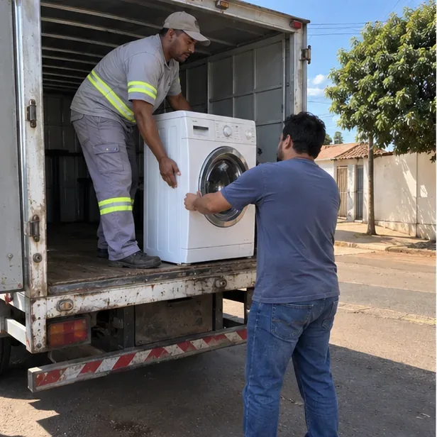 Trabalhador e morador colocando uma máquina de lavar em um veículo de transporte na rua