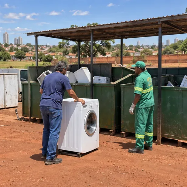 Morador entrega uma máquina de lavar a um funcionário em uma área de Ecoponto com contêineres separados