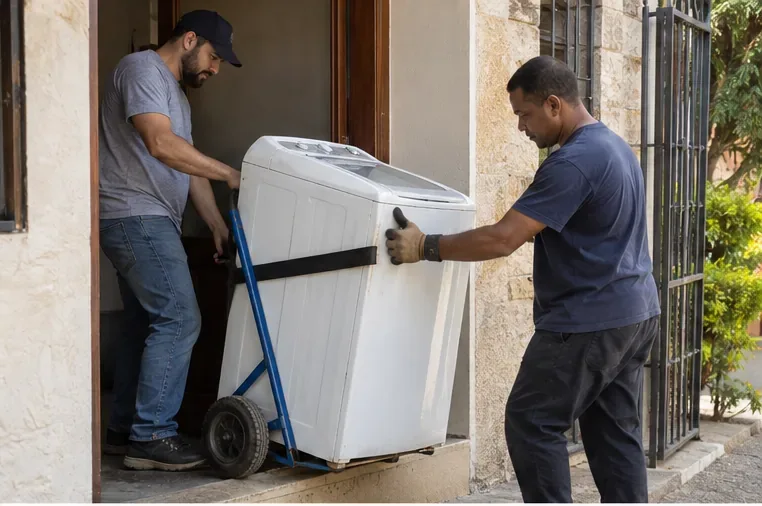 Duas pessoas transportando uma máquina de lavar em um carrinho de carga pela saída de uma residência