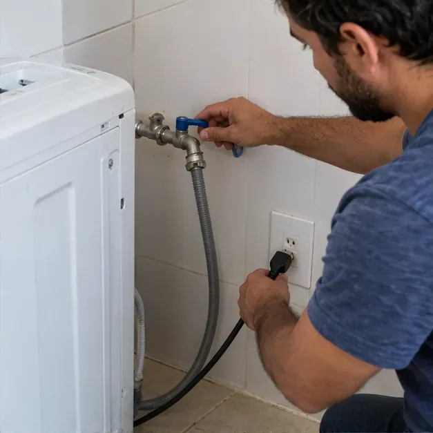 Um homem fecha o registro de água e desconecta o plugue de uma máquina de lavar.