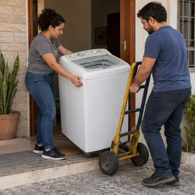 Duas pessoas movem uma máquina de lavar em um carrinho de transporte por uma entrada residencial.