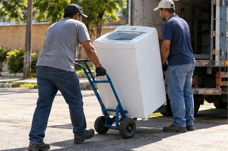Dois trabalhadores transportam uma máquina de lavar inteira em um carrinho até um veículo de coleta
