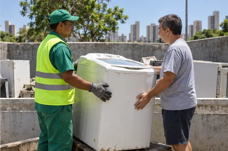 Um morador entrega uma máquina de lavar a um trabalhador em um ponto organizado de recebimento de resíduos volumosos