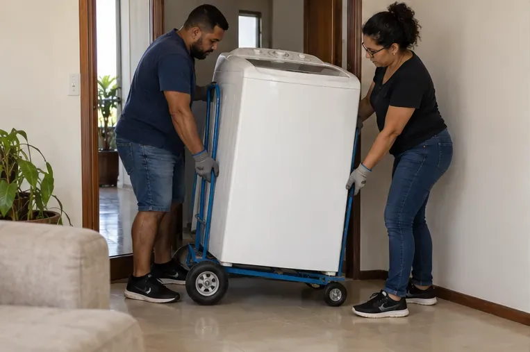 Duas pessoas transportam uma lavadora em pé sobre um carrinho apropriado ao passar por uma porta