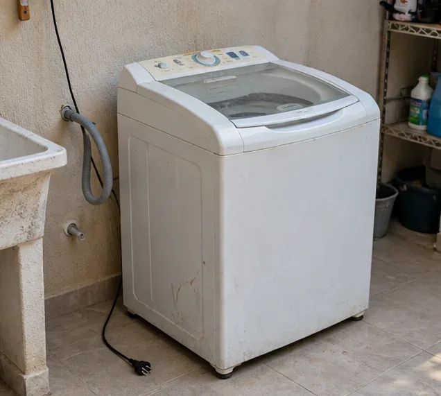 Máquina de lavar desligada em uma área de serviço, pronta para ser preparada para descarte