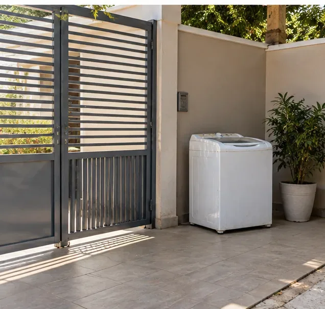 Máquina de lavar posicionada dentro de um portão residencial, aguardando retirada sem bloquear a calçada