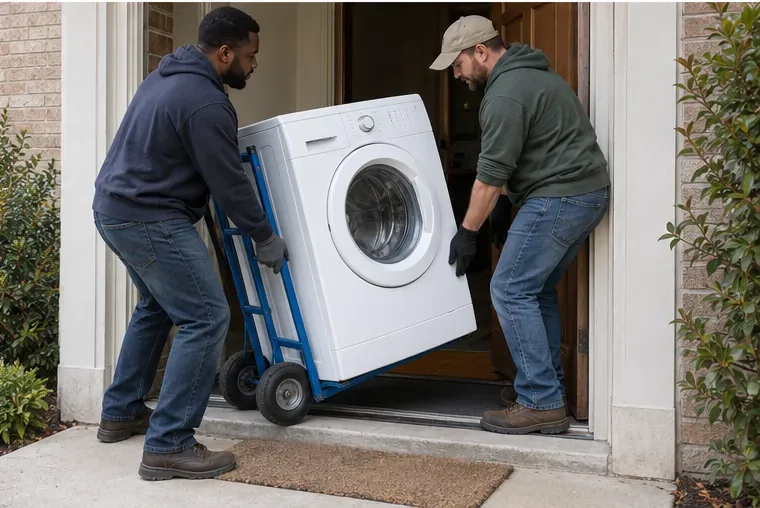 Duas pessoas movem uma máquina de lavar em um carrinho próprio pela porta de uma casa