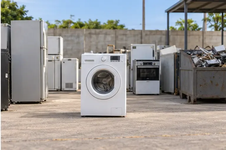 Máquina de lavar posicionada separadamente em uma área organizada de recebimento de eletrodomésticos usados