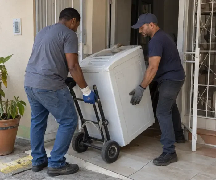 Duas pessoas movimentam uma máquina de lavar desconectada usando um carrinho apropriado na entrada de uma residência.